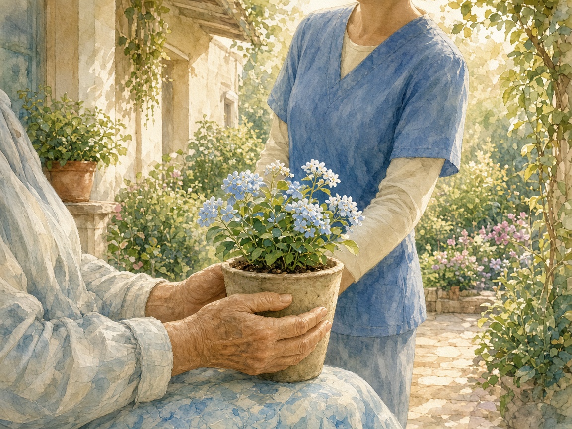 Ilustração de mãos cuidando de uma planta em flor, no jardim da Vila